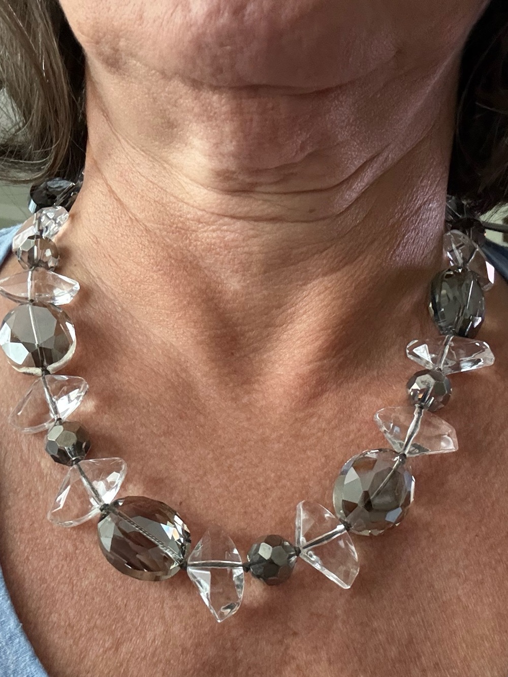 Crystal Bead Ribbon Necklace - Gray - Picture 3 of 3